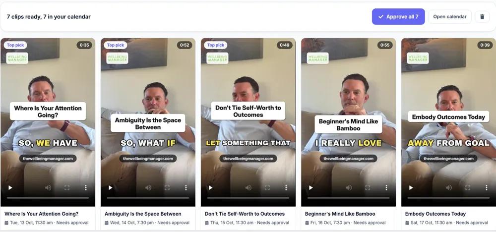 EasyAI podcast clips: seven short vertical clips cut from one long video, ready to approve and scheduled on the calendar