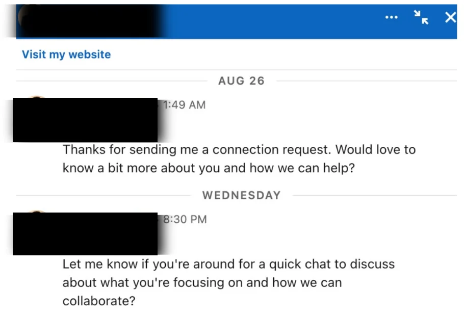 Inbound LinkedIn messages from the family office CEO, names withheld