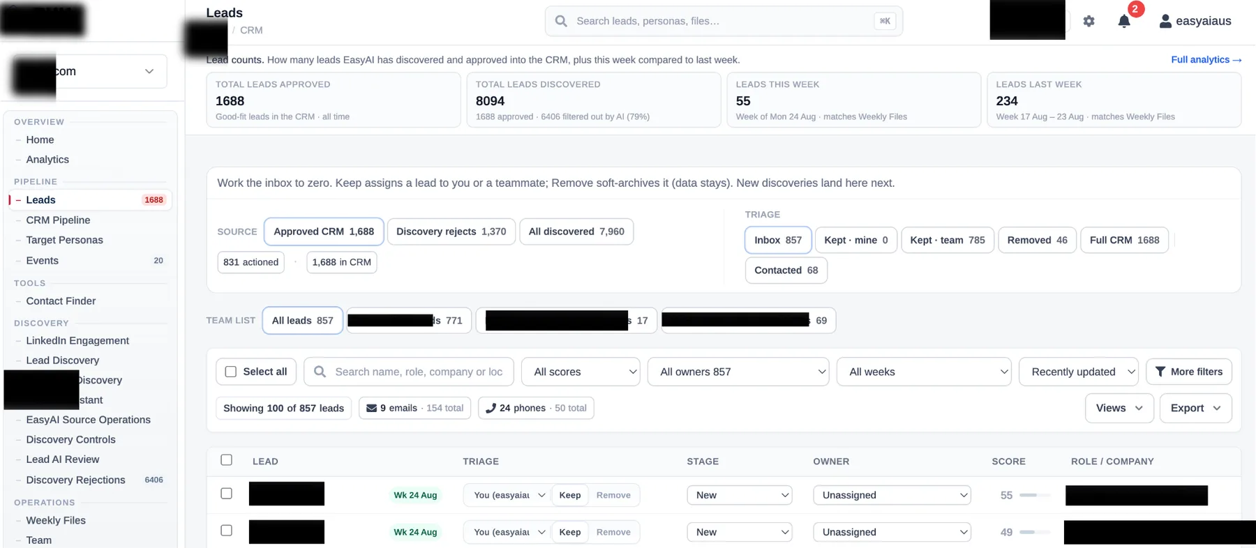 Live prospecting dashboard, client data hidden